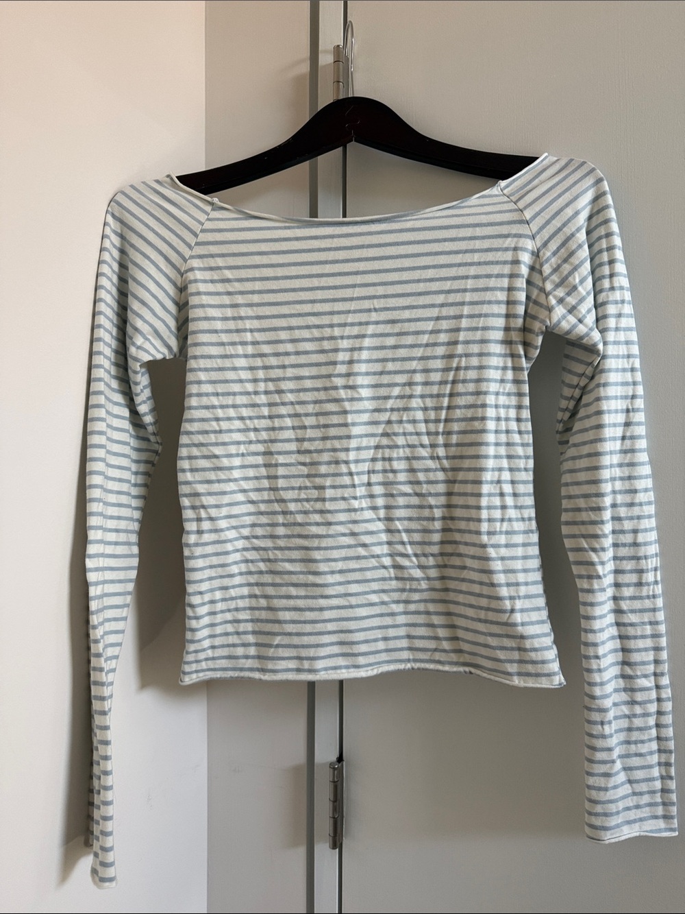 Brandy Melville Light Blue & White Striped Long-Sleeve Boatneck Top